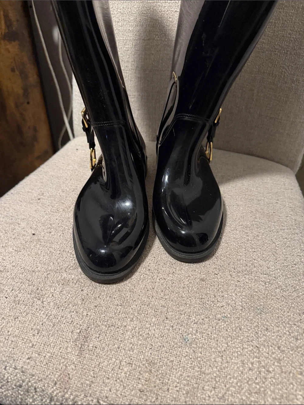 Women's Glossy Black Rain Boots with Gold Buckle Accent